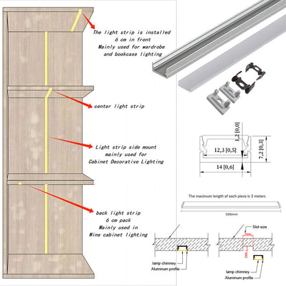 14x7mm LED Aluminum Recess Kit Premium 6063-T5 Aluminum Alloy, Silver Anodized Finish, Surface/Recessed Mounting, Suitable for 5/8mm COB SMD Strips, Ideal for Bathroom Dressers, Craft Workbenches, Small Recessed Lighting, 1/2 Meter Length Kit.