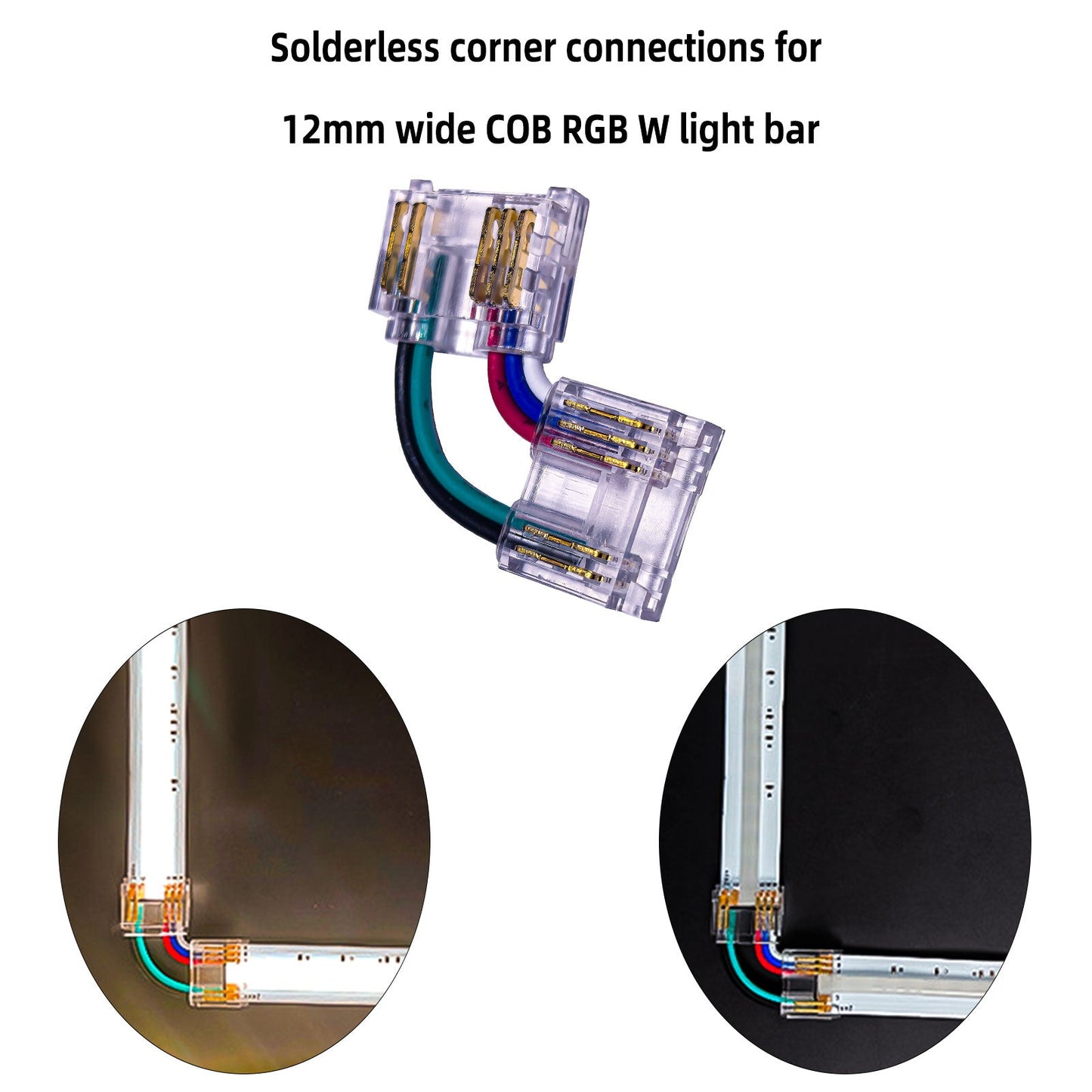 L-Shape Solderless Connector for COB & RGB LED Strips - Quick Snap-On Corner & Splice Solutions