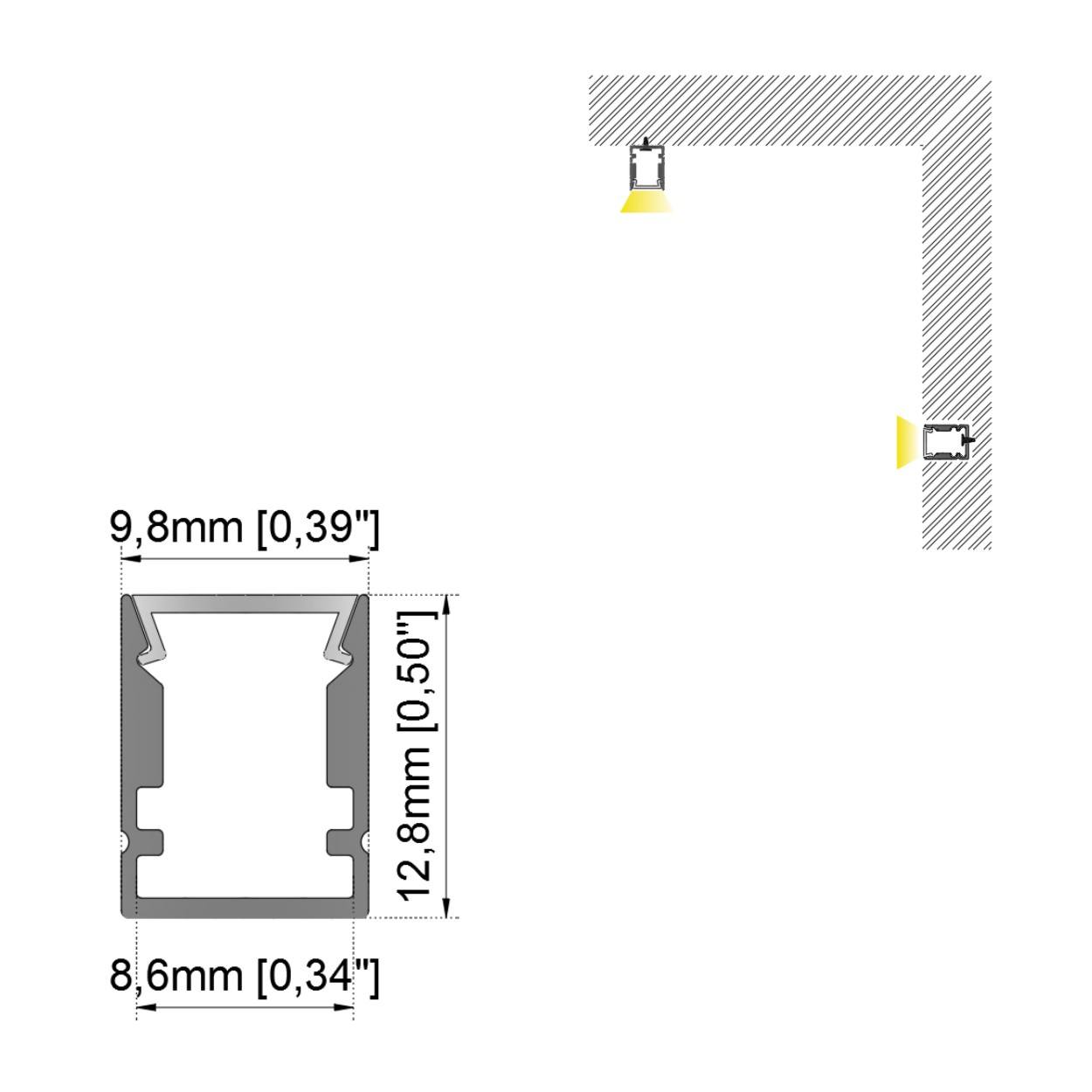 10×13mm Professional Recessed LED Light Groove – 6063-T5 Aluminum Recessed Extruded Profile, for Cabinet and Display Case Lighting. Suitable for 5mm SMD and COB Light Strips.