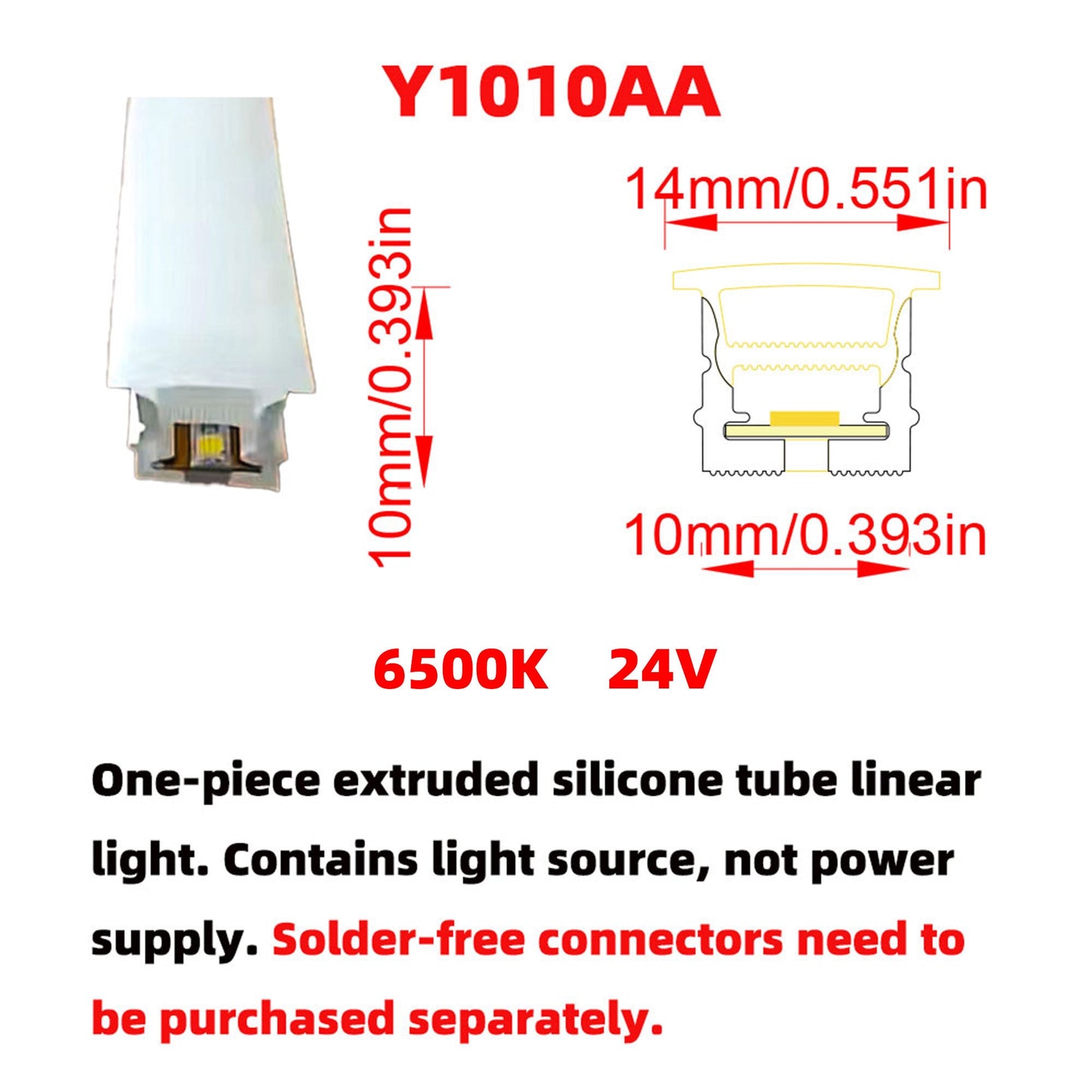 10x10mm LED Neon Flex Strip 24V - Complete Dot-Free Silicone Neon Light with Solder-Free Connectors