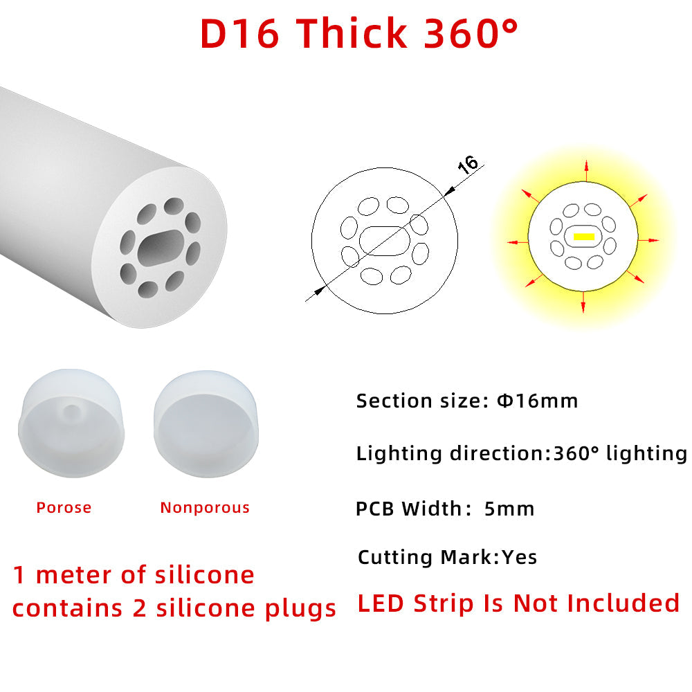 D16 Round Silicone LED Neon Tube Housing - Surface-Mount 360 Degree Glow for 5mm LED Strips