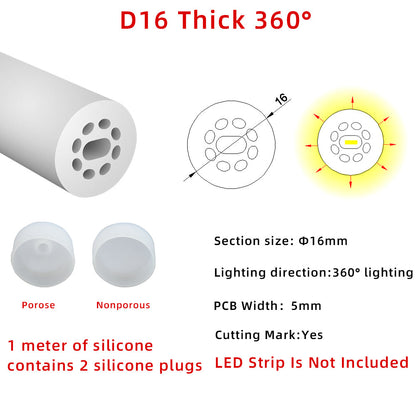 D16 Round Silicone LED Neon Tube Housing - Surface-Mount 360 Degree Glow for 5mm LED Strips