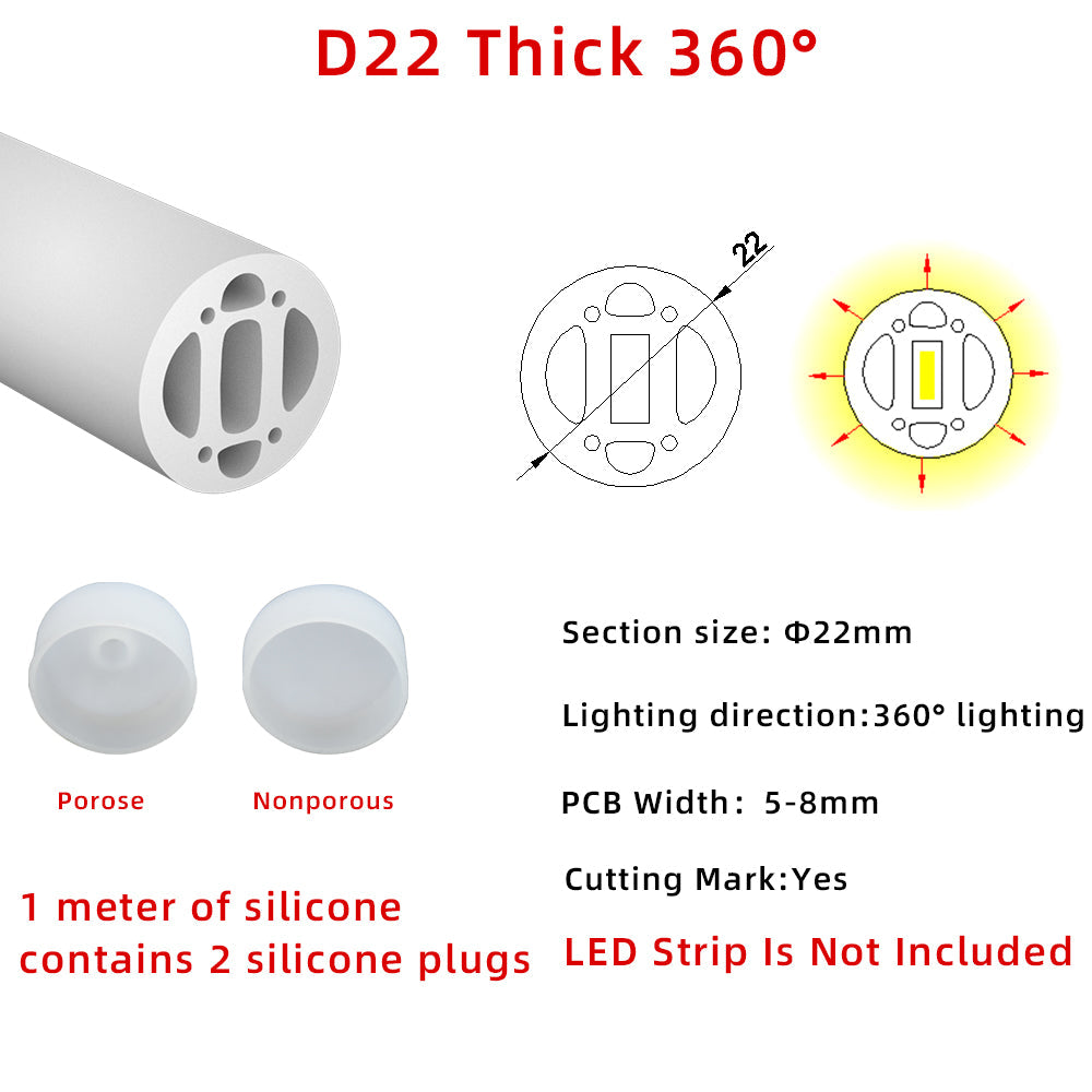 D20 Round Silicone Neon Flex Tube - Large-Format 360-Degree Omni-Glow Diffuser for 5-8mm LED Strips