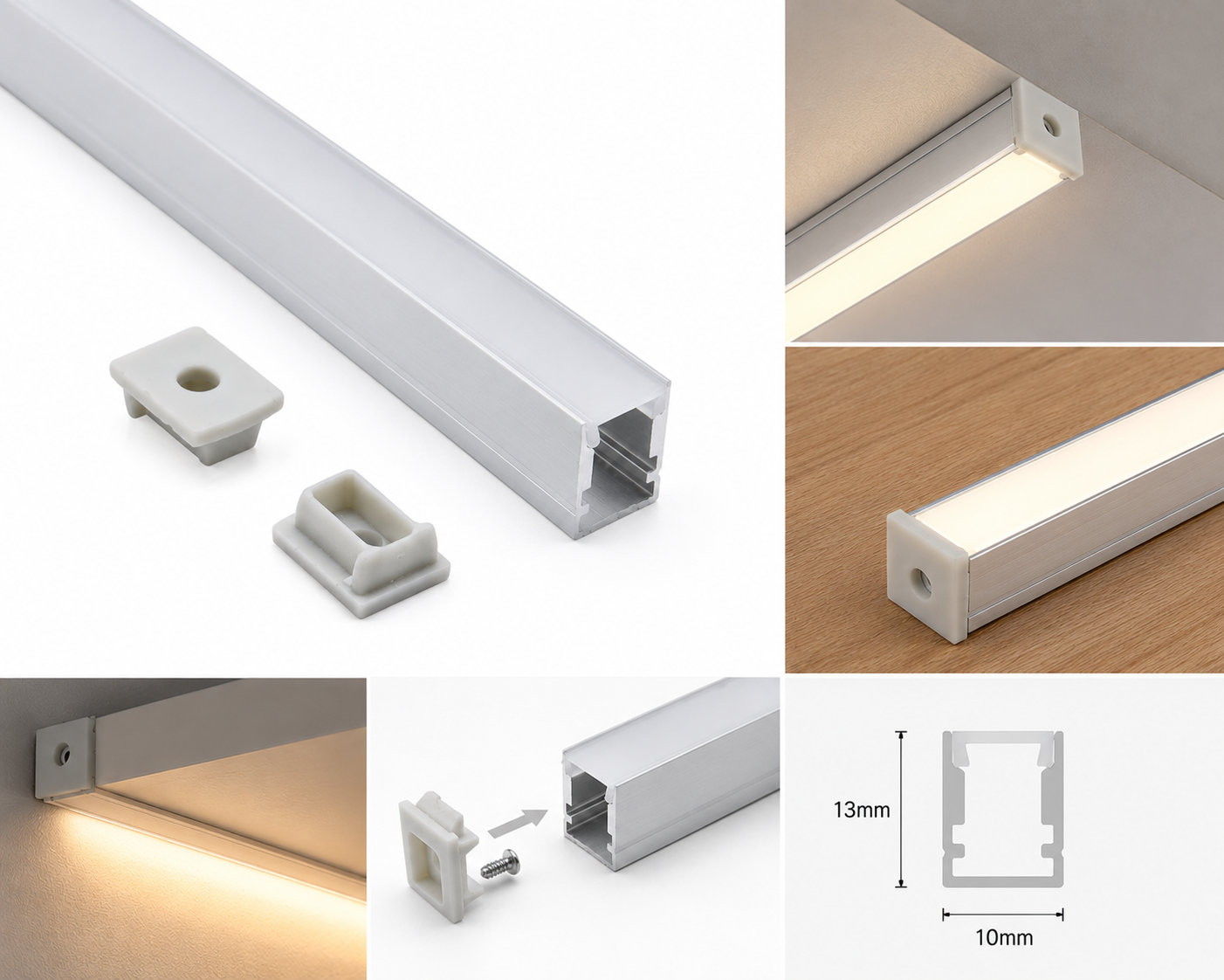 10×13mm Professional Recessed LED Light Groove – 6063-T5 Aluminum Recessed Extruded Profile, for Cabinet and Display Case Lighting. Suitable for 5mm SMD and COB Light Strips.