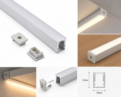 10×13mm Professional Recessed LED Light Groove – 6063-T5 Aluminum Recessed Extruded Profile, for Cabinet and Display Case Lighting. Suitable for 5mm SMD and COB Light Strips.